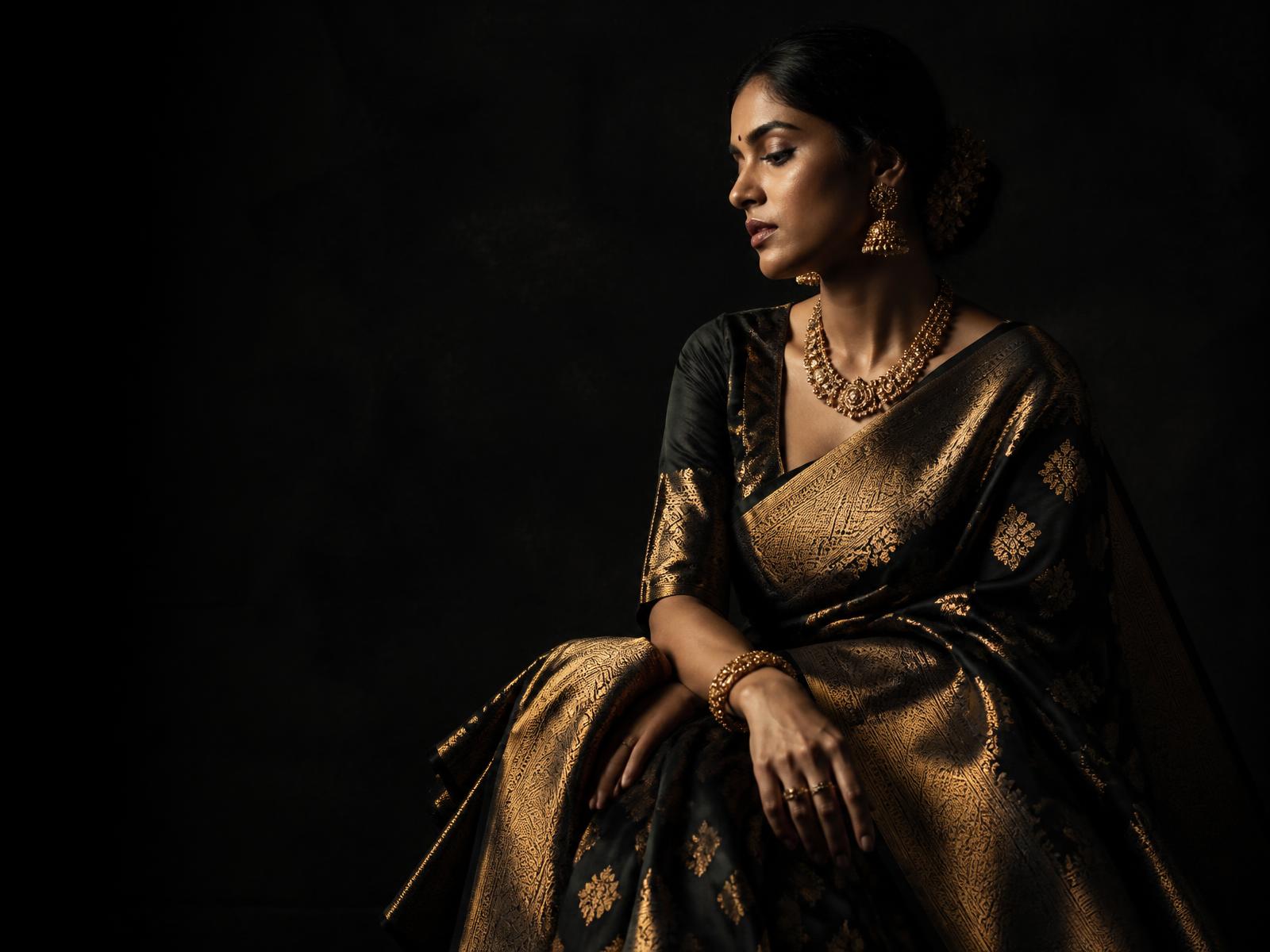 Model wearing a black and gold handwoven zari pure cotton and semi silk saree